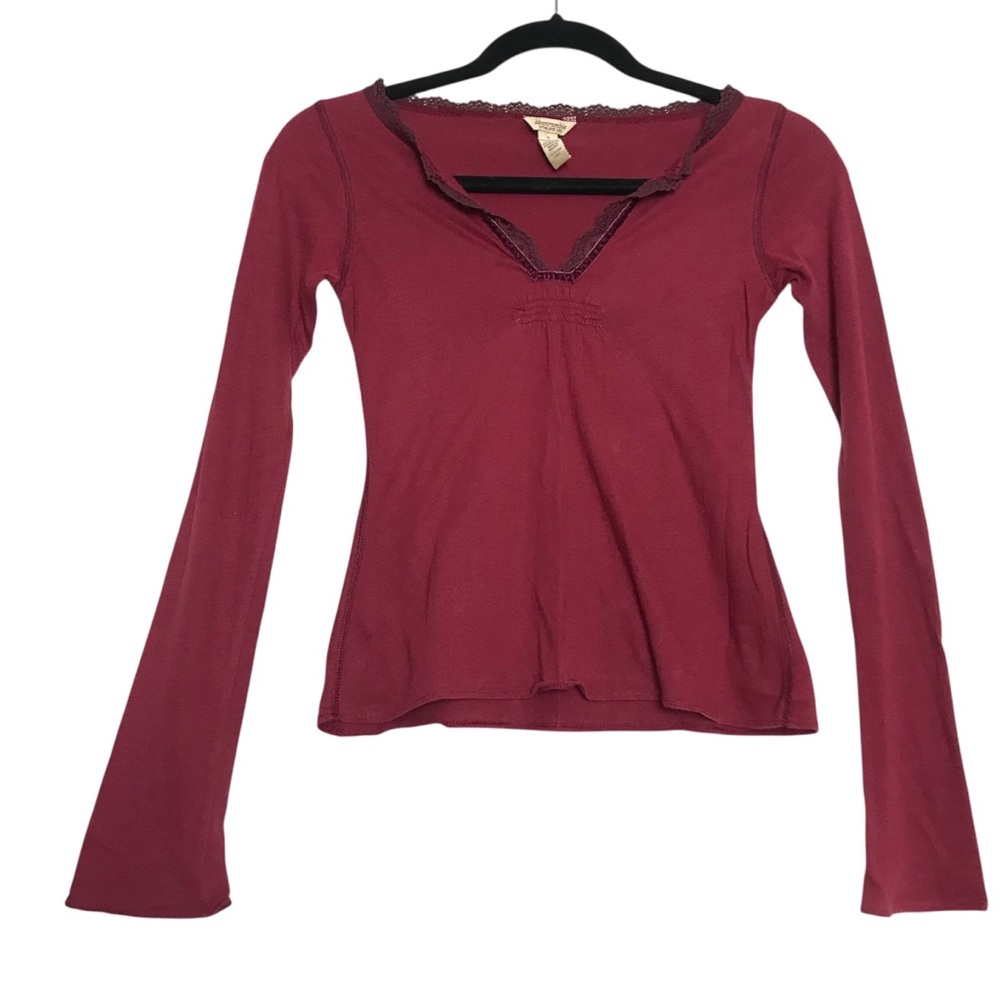 Vintage Abercrombie Preppy Y2K Burgundy Lace Trim Long Sleeve Top Womens Size S
